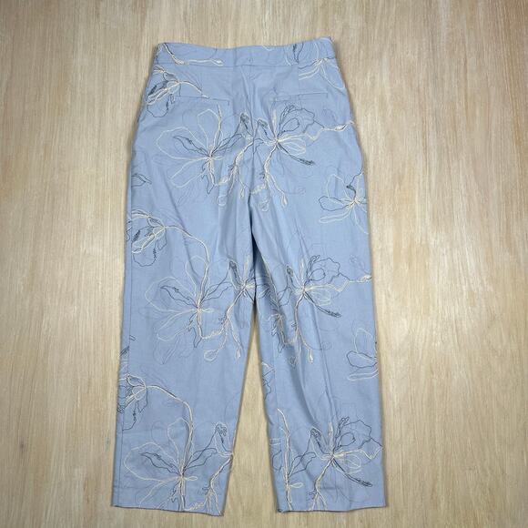Zara Blue Floral Embroidered High Waist Elegant Chic Linen Blend Pants Medium - Picture 1 of 13